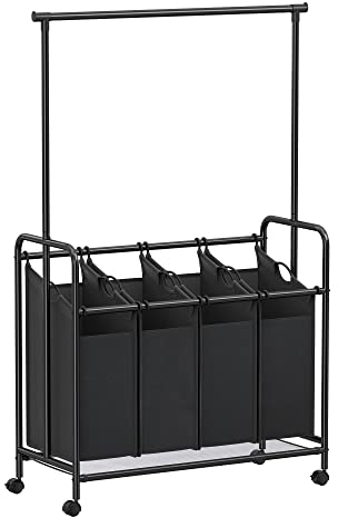 SONGMICS Wäschekorb 4 Fächer, Wäschesammler, Kleiderständer auf Rollen, Wäschesortierer, Wäschewagen, Wäschesack abnehmbar, belastbar, Räder mit Bremse, 4 x 50 Liter, schwarz RLS44B