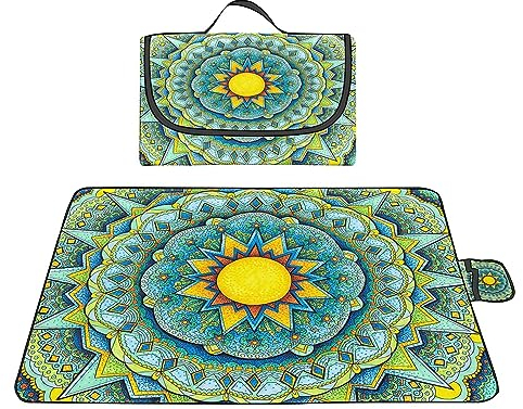 Picknickdecke 200x300cm,XXL Picknickdecke mit Wasserdichter Unterseite,Outdoor Stranddecke Sandfrei,mit Tragegriff Faltbare Picnic Blanket für Camping,Strand,Familie,Konzerte Gelb gefärbtes Mandala