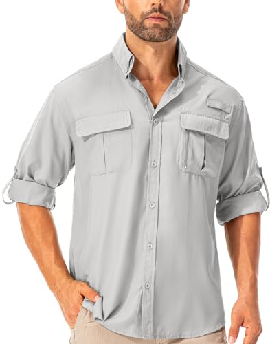 Asfixiado Camicia Da Uomo Safari UPF50+ Protezione UV A Maniche Lunghe Funzionale Traspirante Asciugatura Rapida Casual Button Down