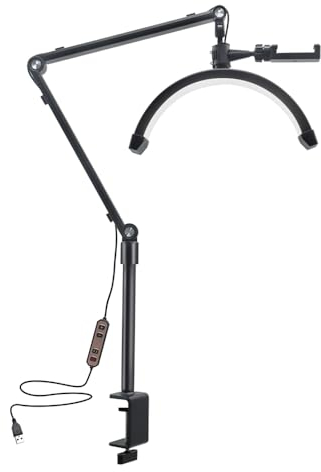 Andoer LED Videoleuchte 10W, Dimmbar Halbmondlampe 3200K-5600K, LED Bodenleuchte für Wimpern mit USB-Kabel, C-Klemme, ständer für Vlogging, Schönheitssalon, Make-up, Nachttischlampe