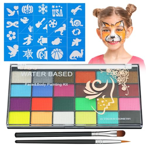 Aomig Pintacaras Infantil, 24 Colores Pintura Cara para Niños y Adulto con 40 Plantillas y 2 Pinceles, Pintura Facial y Corporal para Maquillaje Carnaval Halloween Cosplay Fiesta Festival