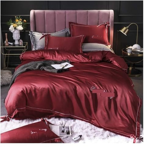 IRYZE Bettwäsche-Sets Seidenbettwäsche-Sets, Bettbezug, Doppel-Satin, Weich, 4-teiliges Bettdeckenbezug-Set, Bettlaken Für Erwachsene Bettbezüge Set (Color : Rood, Size : 1.5/1.8m Bed)