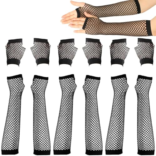 KUIZHEN Fischnetz Handschuhe - 6 Paar Lang und Kurz, Netz Mesh Fingerlos für Damen - 80er Jahre Verkleidung Kostüm Party Lieferungen Schwarz