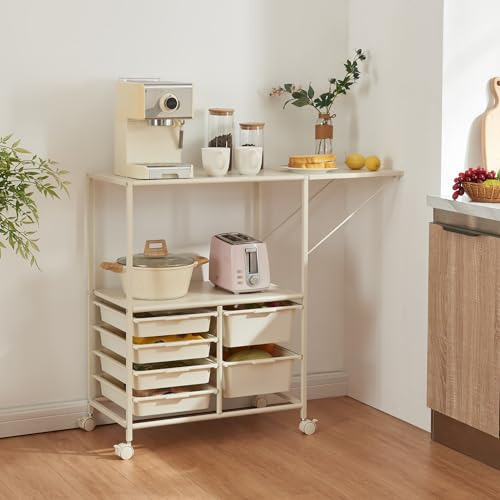 [en.casa] Carro de Servicio con Estante Abatible 6 Cestas Extraíbles 1 Compartimeto Abierto Carrito de Cocina con 4 Ruedas Versátil Resistente Acero 100 x 37 x 85 cm - Blanco