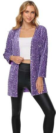 THANKPEARL Women's Sequin Jacket Long Sleeve Open Front Blazer Sparkly Party Cardigan Large Purple