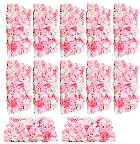 MooBeey 12 Pcs 60 x 40 cm Kunstblumen Deko Seidenblumen Wandpaneel, Künstliche Blumen Wandmatte Hochzeit Blumenpaneele Wandblumen, Dekorativer Kunstblumen-Wandhintergrund für Fotohintergrund (Rosa)