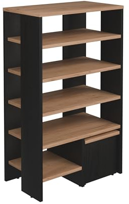 PLATAN ROOM Schuhregal mit Sitz schmal und hoch 100x60x35 cm Schuhablage mit 6 Ebenen Standregal Schuhschrank offen, Schuhablagen Flur Holz Standregal (Schwarz Matt/Eiche Gold)