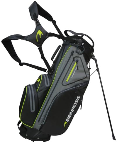 Benross By American Golf Protec 7.0 Waterproof Lightweight Waterproof Golf Stand Bag with 14-Way Club Divider - 9 Pockets, Padded Straps & Umbrella Holder (Black/Charcoal)