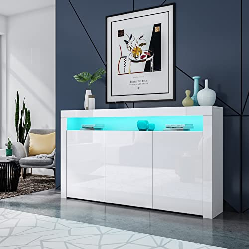White High Gloss with 3 Doors Kitchen Storage Cabinet Cupboard with LED Lighting for Dining Room Living Room 152cm