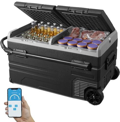 VEVOR Glacière à Compression 115 L, Réfrigérateur de Voiture 12 V, Glacière à Double Zone -20 °C à 20 °C, avec Roues et Poignée, Congélateur Portable pour Camion Bateau Maison Camping