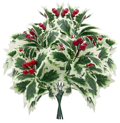 BEIJIALY Paquete de 4 Hojas de Acebo Artificiales, Bayas de Navidad, Tallos de Bayas Artificiales, Ramas de Bayas de Navidad Artificiales, Ramas de Bayas de Acebo para (Hojas con