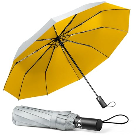 TechRise Paraguas Plegable, Paraguas Automático Resistente al Viento y Compacto con 10 Varillas, Apertura y Cierre Automáticos Con un Botón, Paraguas Portátil para Hombres y Mujeres, Plata y Amarillo