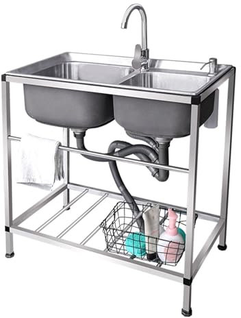 2 Compartment Kitchen Sink, Commercial Restaurant Sink with Drainer Unit and Tap, Stainless Steel Double Bowl Station, Outdoor Utility Sink for Bar Restaurant Kitchen Hotel