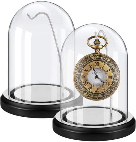 Beeveer 2 Pcs Pocket Watch Glass Display with Hooks Dome Cloche with Wood Base Decorative Glass Display Dome Showcase for Watch Plants Medals Photos Collectibles Dark MDF Base (Silver Hook,3 X 5)