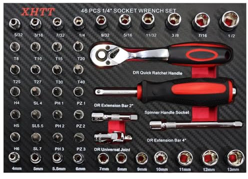 46-Piece 1/4Drive Socket Set,Metric and SAE Socket Set,Bit Socket Set And 72 Tooth Reversible Ratchet, Universal Joint, Extension Bars, Spinner Handle, with EVA Storage Tray, Cr-V Steel Made.