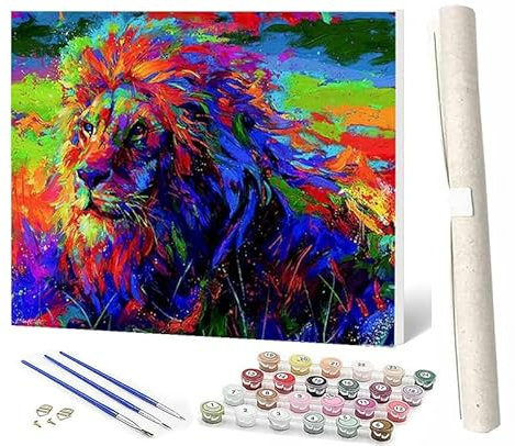 WMZPOY Malen Nach Zahlen Erwachsene Malen Nach Zahlen Tiere Anfänger Bunter Löwe 1 DIY Ölgemälde Leinwand Kit für Geschenke und Home Wand Dekor (40x50cm)
