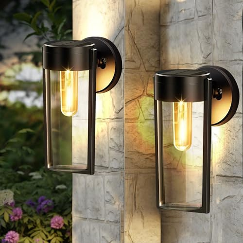 2 Stück Solar Wandleuchte Aussen, Solar Aussenlampe Wand, IP65 Wasserdichte Wandbeleuchtung für Hauswand, 2 Modi, Mattschwarz Lampe Aussenbereich für Garten Zaun Veranda Garage AußEnlampe (Warmweiß)