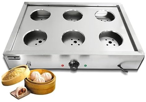Macchina per panini al vapore commerciale, cuocitore elettrico per alimenti al vapore a 6 fori, controllo della temperatura 0-110℃/dispositivo anti-secco incorporato, cuocitore applicabile: 12-20 cm