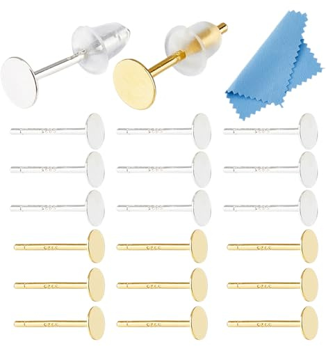DICOSMETIC 10 Paare 2 Farben 925 Sterling Silber Ohrstecker Fassungen Flache Ohrstecker Ohrringe 4mm Silber Ohrstecker Rohlinge Ohrstecker Stifte Mit 50 Stück Ohrmuttern Für Die Schmuckherstellung