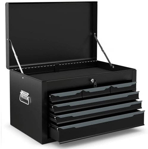 TANGZON Lockable Tool Box, Steel Tool Chest with 6 Drawer, Top Storage Tray, Automatic Lock, Ball Bearing Runners, EVA Liners & Carry Handle, Portable Toolbox Storage Cabinet for Garage (Black)