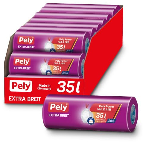 Pely Zugband Müllbeutel 35 Liter extra breit - XXL Vorteilspack 19 x 14 Stück im Karton, für die Entsorgung von Restmüll