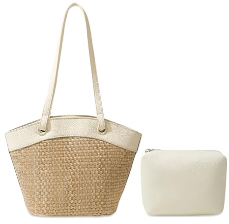 Mabecol Stroh Strandtasche Damen, Basttasche Sommer Mittelgroß, Schultertasche Boho, Stroh Tasche mit Kosmetiktasche, Gewebte Korbtasche Für Strand, Urlaub, Reisen, Alltag, Weiß