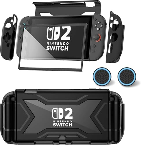 Kailfee for Switch 2 Case 2025 【Bult-in Screen Protector, [Military-Grade Protection] [Magnetic Joy Con Controllers Friendly] Dockable Cover Accessories for Switch 2, Black