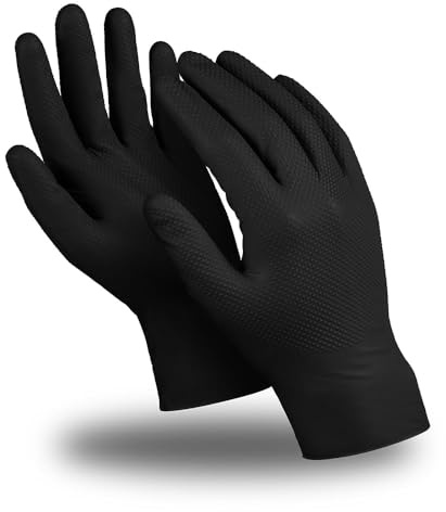 Super Maxx 100 x Orange or Black Diamond Grip Nitrile Gloves Extra Tough Heavy Duty 8.5 mil Powder and Latex Free Disposable (Black, Large)