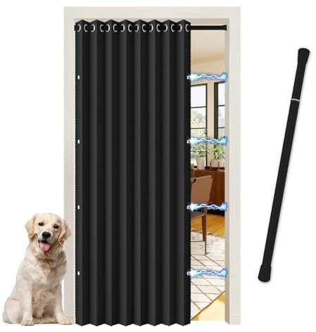 JCyh Cortina Plegable para Puerta con Barra Telescópica - Sin Perforaciones para Fácil Instalación - Cortina Opaca Magnética para Cocina, Separación de Ambientes, Dormitorio y Armario Abierto, Negro