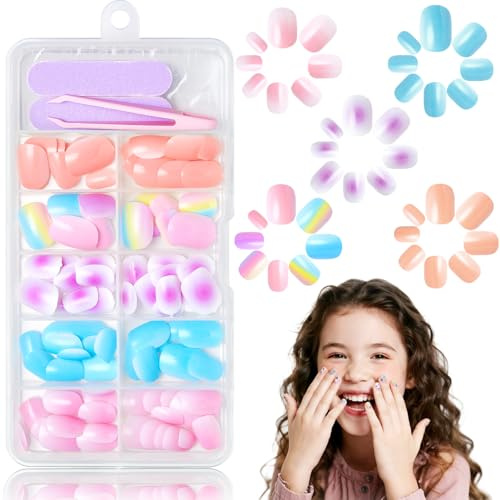 120 Stück Mädchen Nägel Zum Aufkleben, 5 Style Muster mit Jelly Kleber - Wiederverwendbare und Ungiftige Nageldesign Set - Kinderfreundliche Kunstnägel für Kleinen Händen (Gradient Color DSet)