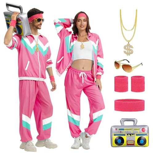 80er 90er Jahre Outfit für Herren Damen, Retro 80er Jahre Trainingsanzug | Angenehmer Stoff,Trainingsanzug Kostüm mit Sportjacke Hose Hip-Hop Accessoires Retro 80er 90er Hip Hop Outfit,Party, Karneval