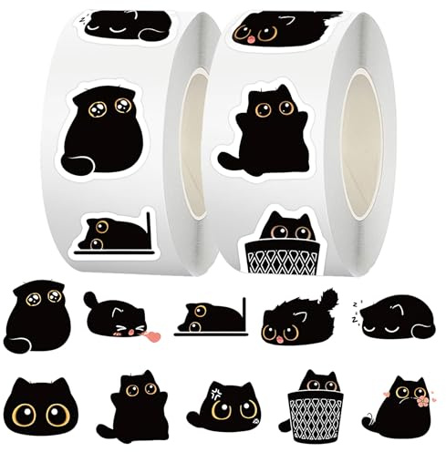 RAORAOYUE 1000pcs Black Cat Stickers Rolls, Teacher Reward Decals | 10 Styles Cute Cartoon Cat Stickers, Water Bottles Guitar Skateboard Laptop Scrapbook