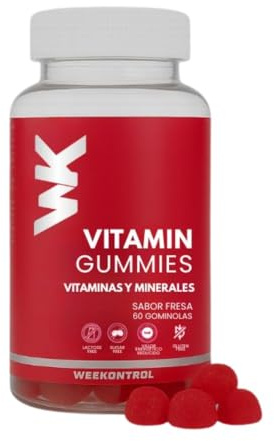 WEEKONTROL Gominolas Multivitaminas Sabor a Fresa, Sin Gluten y Sin Lactosa. Suplemento 60 Gominolas de Vitaminas y Minerales para Reforzar el Sistema Inmunitario, la Piel, Cabello, Uñas y Huesos