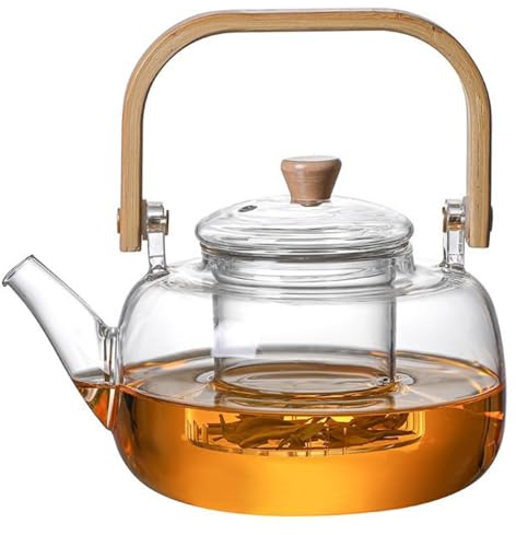 Teiera con infusori per tè sfuso, teiera in vetro con infusore bollitore in vetro da 1 litro per piano cottura, piano a induzione, trasparente con infusori per fiori sfusi e che sbocciano