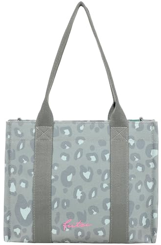 Fritzi Tote Shopper Medium Leo Canvas Damen Shopper Handtasche Festival City vegan Leoprint Reißverschluss 26 x 33 x 14 cm – Rosa, Grün, Beige