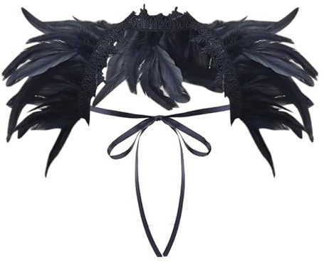 Federkragen Schwarz Spitze, Gothic Kostüm, Feder Cape, Federschal, Federumhang Damen, Feder Achselzucken, Raben Kostüm für Halloween Fasching Karneval Cosplay Maskerade
