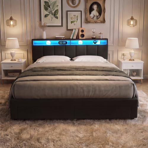 BLSYHDH Cama con Almacenamiento HidráUlico 160x200,Cama Doble Tapizada con LED,Camas Acolchadas con 2 Cajones,Cama Funcional Juvenil,Camas Matrimoniales (Gris+Lino-A)