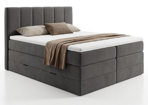 Sofnet Boxspringbett Star XL mit 2 Bettkästen und Topper, mit Taschenfederkern- und Bonellfederkernmatratze, Doppelbett, Polsterbett aus Veloursstoff mit Stauraum (Graphit (Kronos 22), 160 x 200 cm)