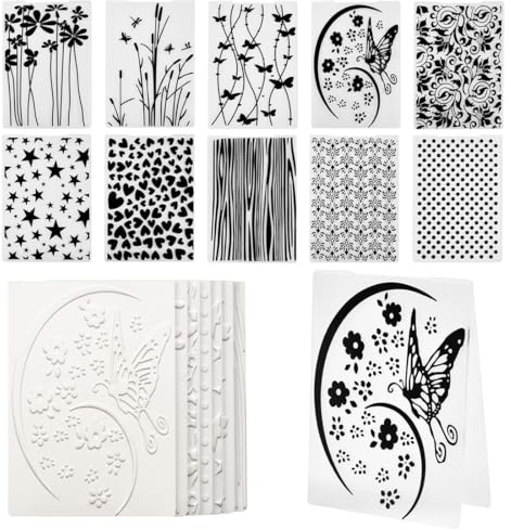 BXUUXA Set di 10 Cartelle per Embossing in Plastica, 15x10.5cm, Motivi Floreali Stellati e Cuori, embossing folder, Kit Fai da Te per Scrapbooking, Decorazione Album e Creazione di Pattern Eleganti