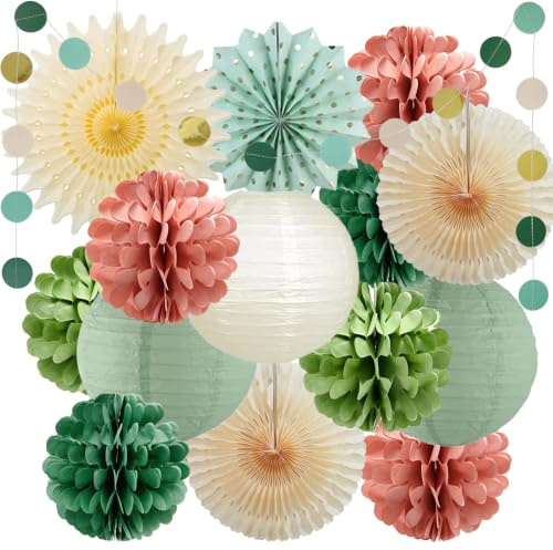Salbeigrün Rosa Party Deko,Einfach Aufklappen,Olivgrün Creme Papierlaternen Papierfächer Papierblumen Girlande für Salbei Hochzeit Party Dekorationen Geburtstag Babyparty Brautparty Geburtstagsdeko