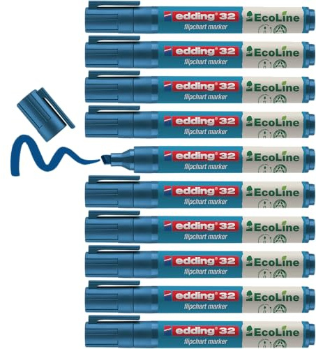 edding 32 EcoLine Flipchartmarker - blau - 10 Stifte - Keilspitze 1-5 mm - zum Schreiben, Zeichnen auf Flipcharts - Tinte schlägt nicht durch Papier - trocknet nicht aus - nachfüllbar