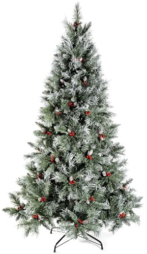 WeRChristmas Scandinavian Blue Spruce Christmas Tree includes Pine Cones and Berries with Easy Build Hinged Branches, Green, 7 feet