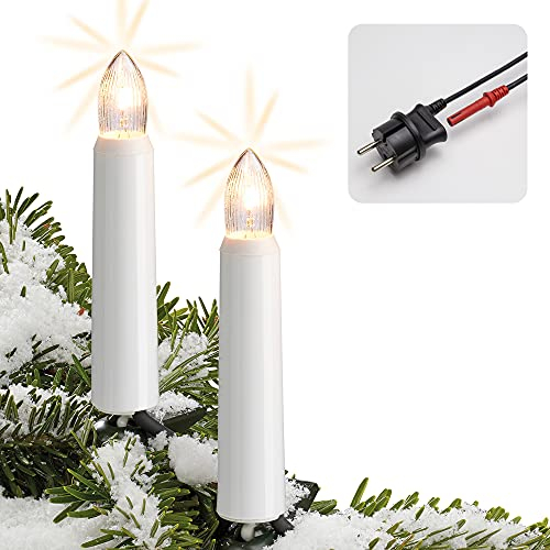hellum Lichterkette Weihnachtsbaum, Made in Germany, Baumkerzen mit Clip, 20 Lichter, beleuchtete Länge 19 m, Kabel schwarz, warmweiß, Schaft weiß, für Außen, teilbarer Stecker, kein LED <59lm 842012