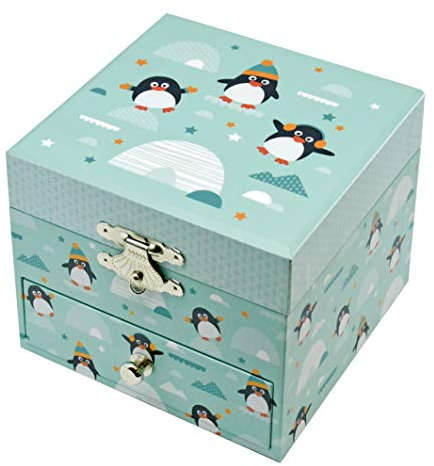 Trousselier - Pinguin - Schatzkiste & Musikschmuckdose - Spieluhr - Ideales Kindergeschenk - Phosphoreszierend - Leuchtet im Dunkeln - Musik Mozart's Kleine Nachtmusik - Farbe grün