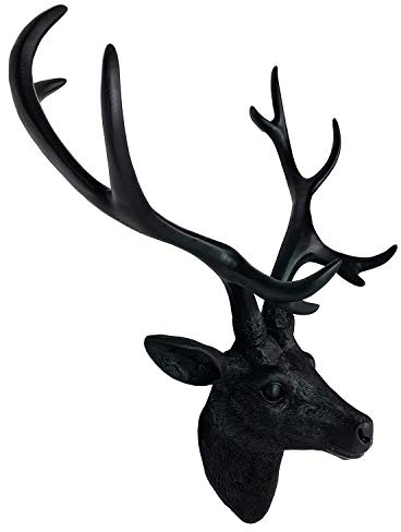 FineHome Großes Hirschgeweih mit Hirschkopf Geweih 10-Ender Schwarz 30x18x40cm Wanddekoration Skulptur