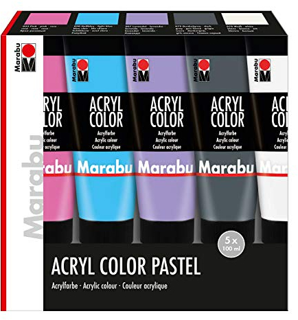 Marabu 1201000000088 - Acryl Color Set Pastell, 5 x 100 ml in weiß, lavendel, hellblau, pink und dunkelgrau, cremige seidenmatte Acrylfarbe auf Wasserbasis, schnell trocknend, mischbar und gut deckend