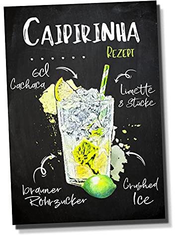 siviwonder Cocktail Schild Caipirinha Caipi Rezept Alu-Dibond 3 mm wetterfest - Bar Deko Metall für Theke Küche Garten Partykeller - 20×14 cm Tafel Retro Look ohne Bohrlöcher Indoor Outdoor