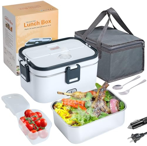 DUPASU Lonchera eléctrica, calentador de alimentos portátil 3 en 1 para coche/camión/hogar, caja de autocalentamiento de 80 W con recipiente de acero inoxidable 304 de 1.8 L, compartimento de 0.45 L