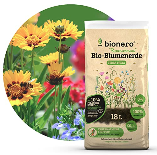 bionero® Bio-Blumenerde “Bienenschmaus” 18l, Pflanzerde torffrei, Gartenerde für Hochbeet, Universalerde für Pflanzen