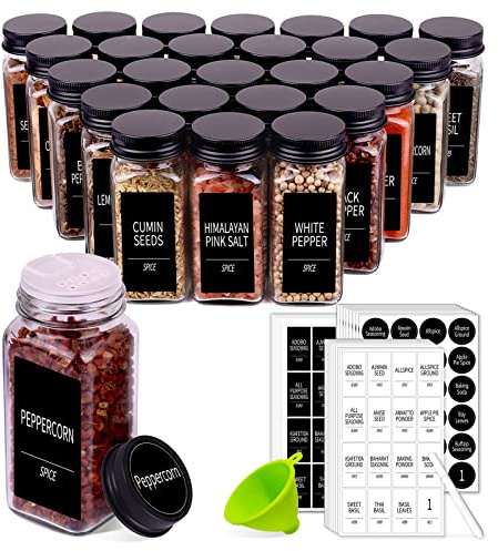 Churboro 25 Spice Jars with 547 Labels- Glass Spice Jars with Black Metal Caps, 4oz Empty Spice Containers with Shaker Lids, Funnel, Chalk Pen, Square Seasoning Bottles for Spice Rack, Drawer, Cabinet